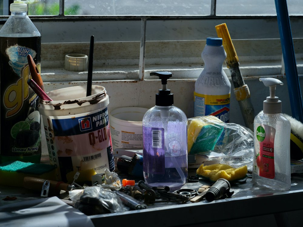 Assorted household cleaning supplies